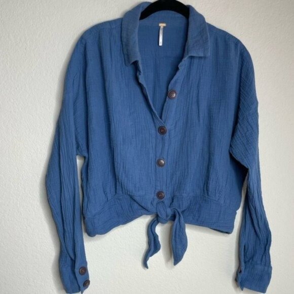Free People Sunstreaks Gauze Blue Tie Front Shirt Top M - Picture 2 of 8